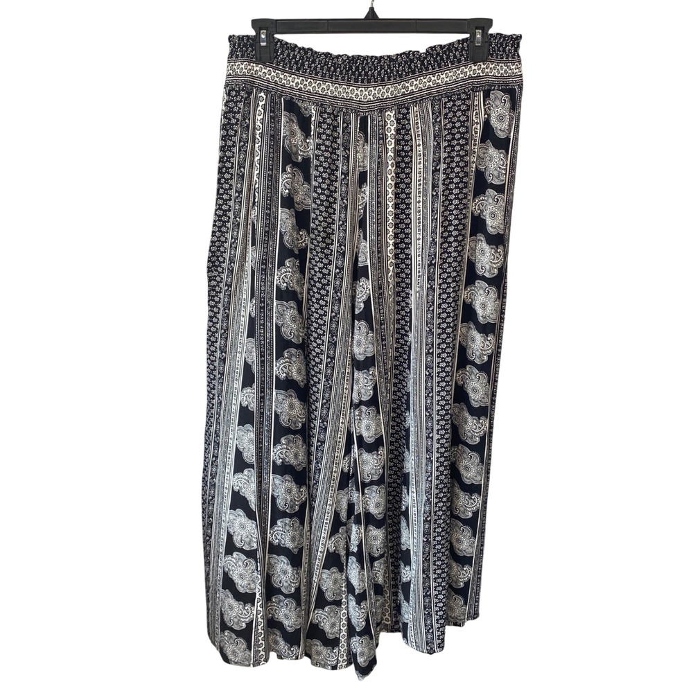 New Look Womens 3X Black White Paisley Floral Wide Leg Palazzo Pant Smocked Boho